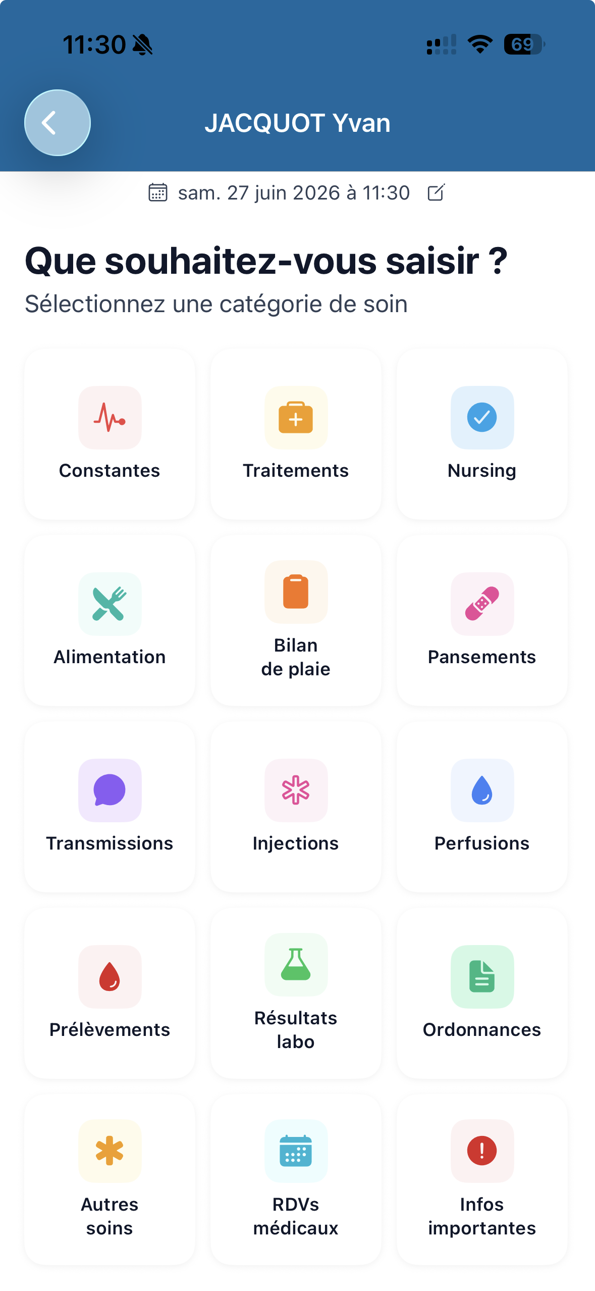 Application IDELPro — catégories de soins