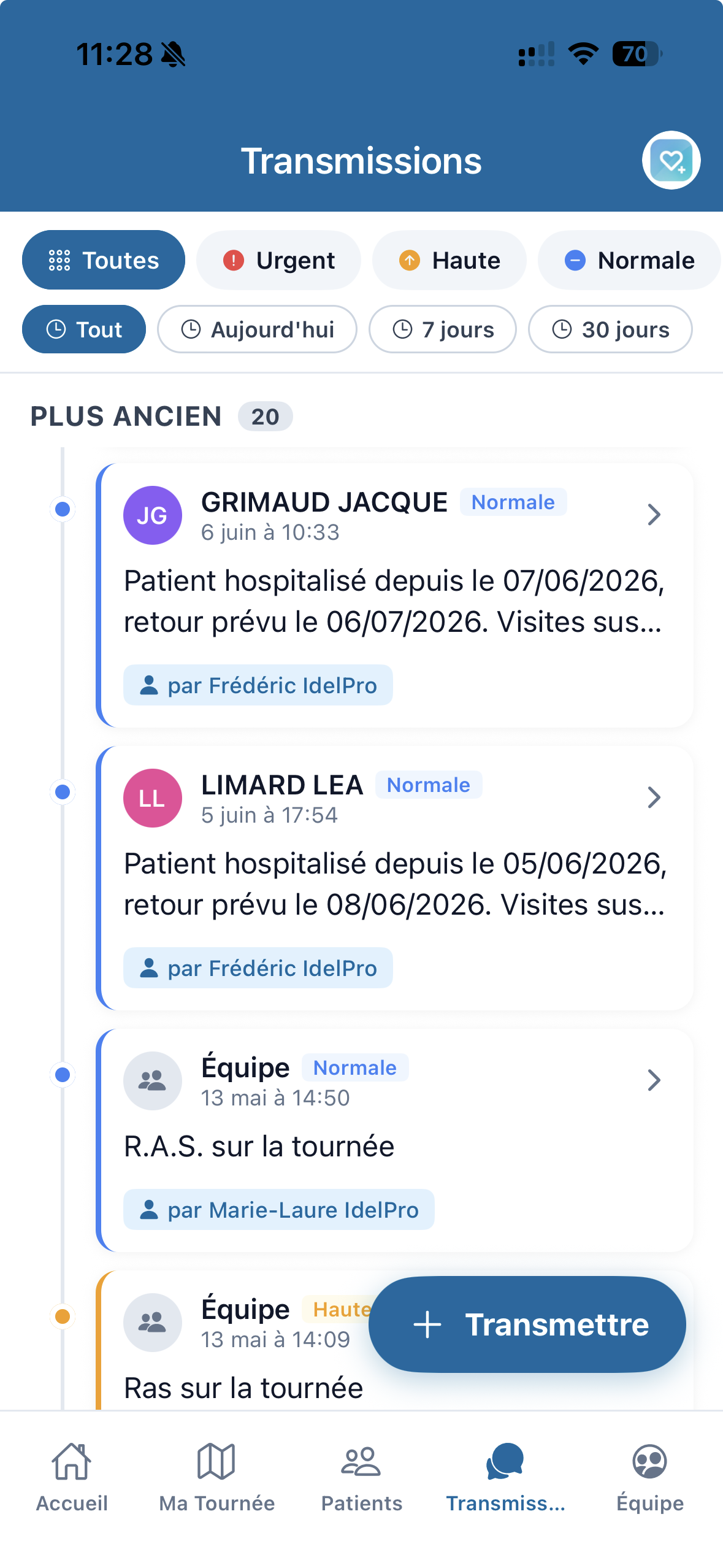 Application IDELPro — écran Transmissions